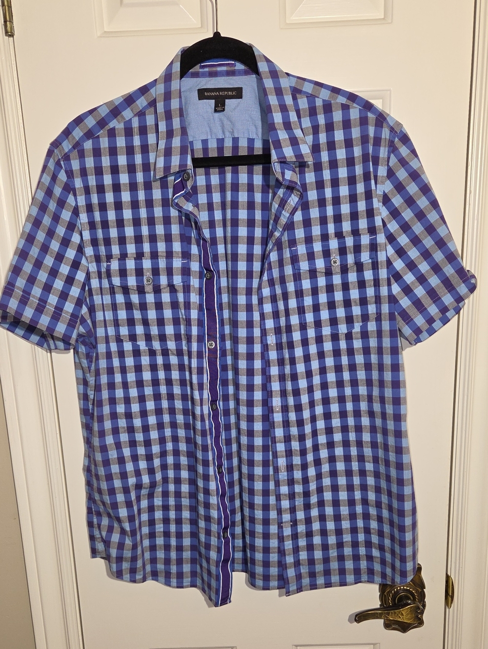 Banana Republic Blue and Purple Gingham Short-Sleeve Button-Down Shirt